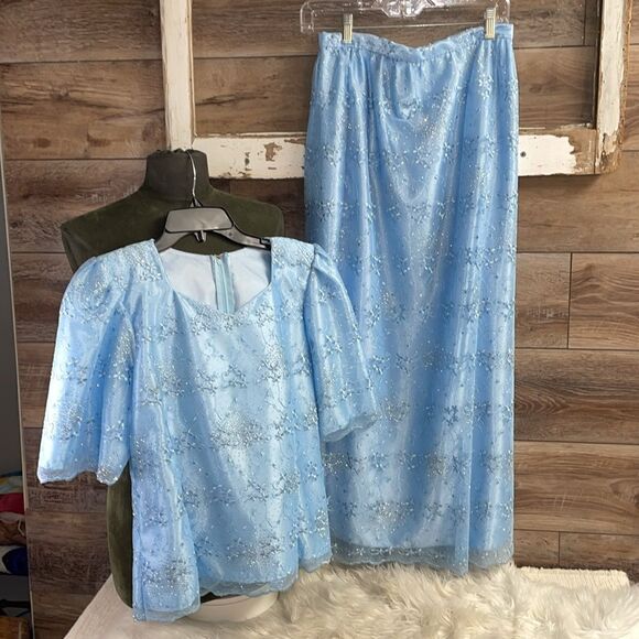 Creative Touch Evening Wear Maxi Skirt Set, Powder Blue , Floral Lace, Size S - Picture 7 of 14